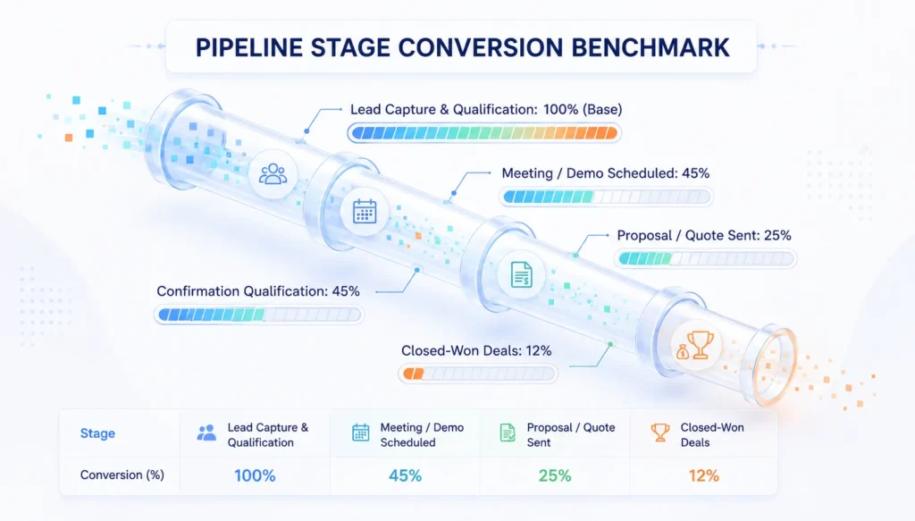 Sales pipeline funnel benchmark chart displaying deal stage conversion percentages for Zoho CRM.
