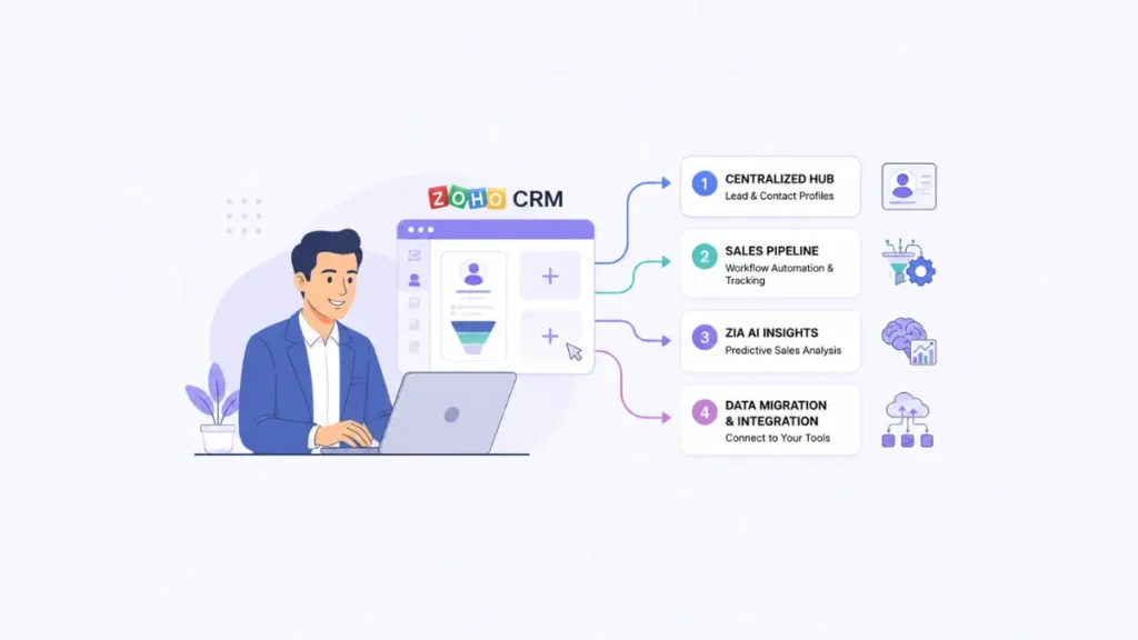Zoho CRM with key steps for pipelines and AI insights.