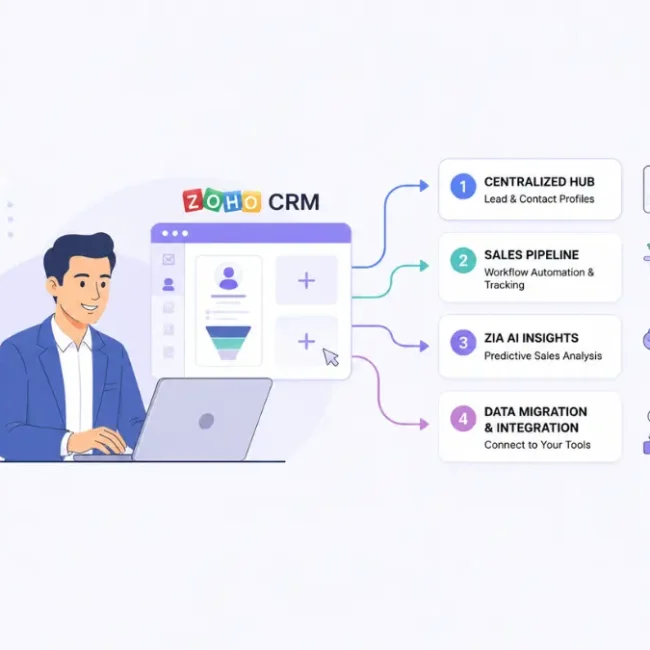 Zoho CRM with key steps for pipelines and AI insights.