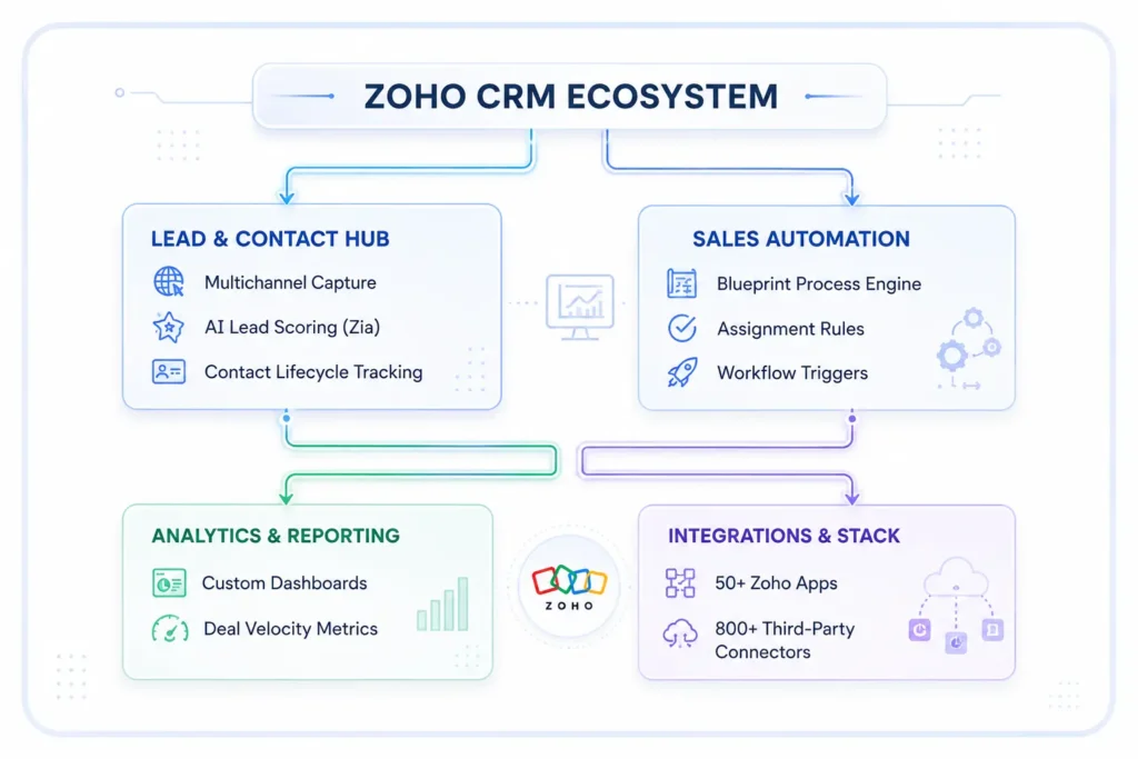 Flowchart illustrating key features of the Zoho CRM product ecosystem.