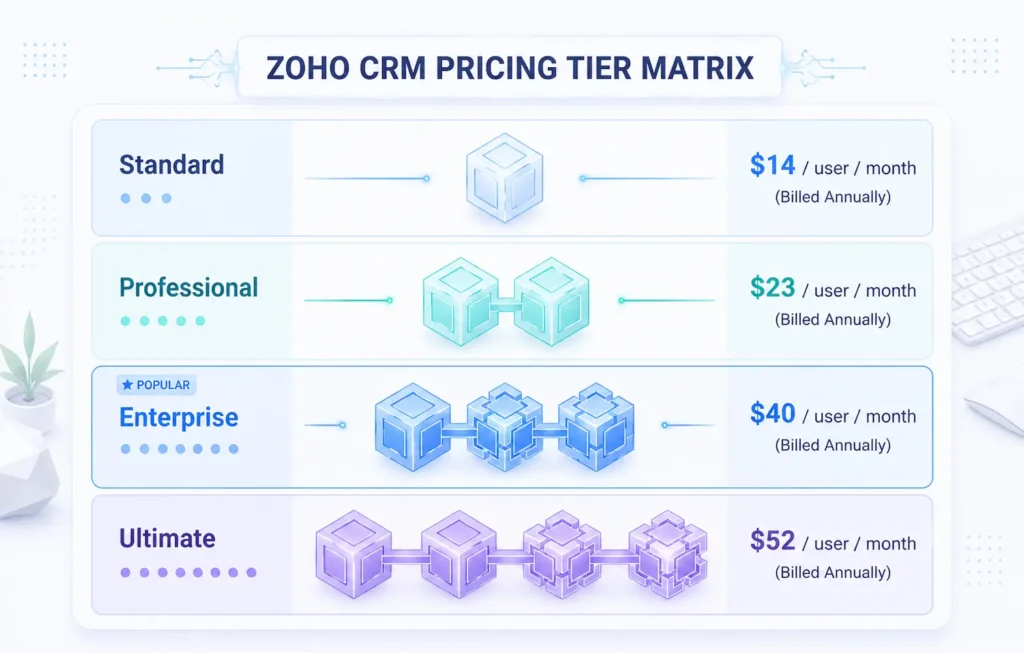 Zoho CRM pricing matrix table comparing Standard, Professional, and Enterprise plans.